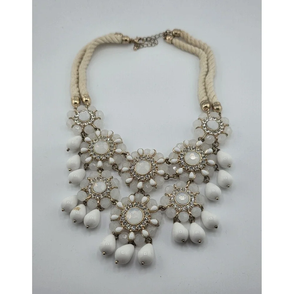 Banana Republic Necklace White Beaded Flower Bib Rope Rhinestone Statement